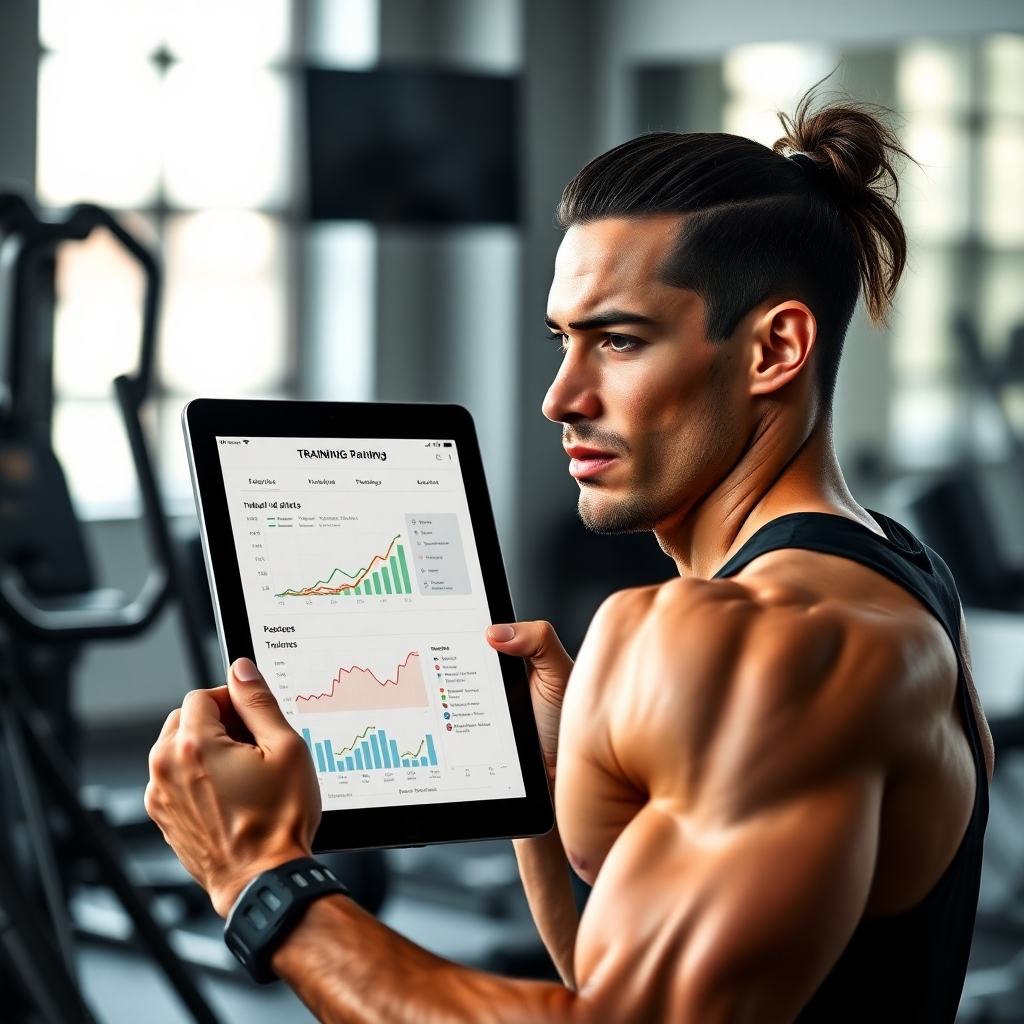 A photorealistic image showcasing a digital tablet displaying a detailed personalized training plan with charts and graphs, alongside a determined athlete actively engaged in a high-intensity interval training session. The background should show a modern, well-equipped gym setting with a focus on the athlete's determined expression and the sleek design of the fitness equipment. The image needs to exhibit high definition, sharp focus, and natural lighting.