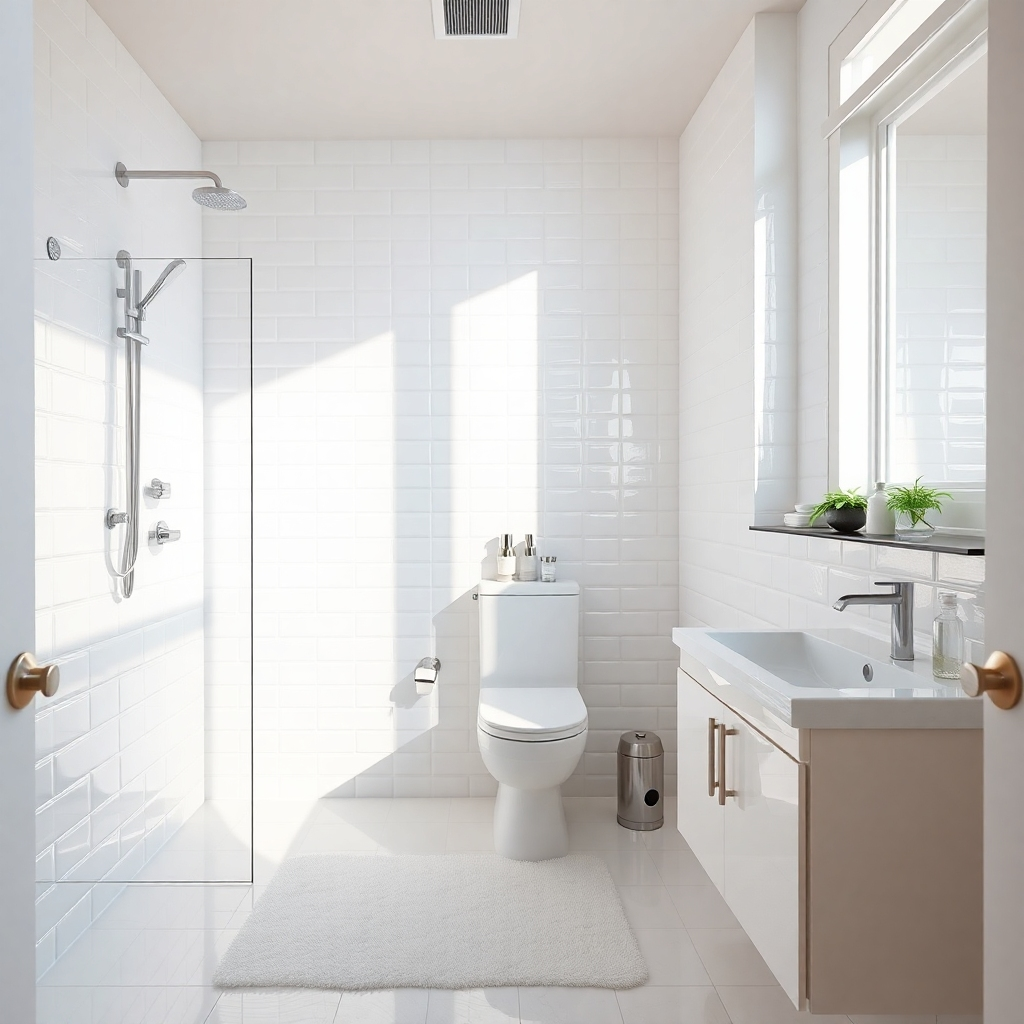 A photorealistic image showcasing a clean and bright bathroom. Gleaming white tiles, a sparkling shower, a spotless toilet, and a clean sink are the main focal points.  A fluffy white bathmat adds to the feeling of cleanliness and comfort.  Natural light streams in from a window, casting soft shadows and highlighting the cleanliness.