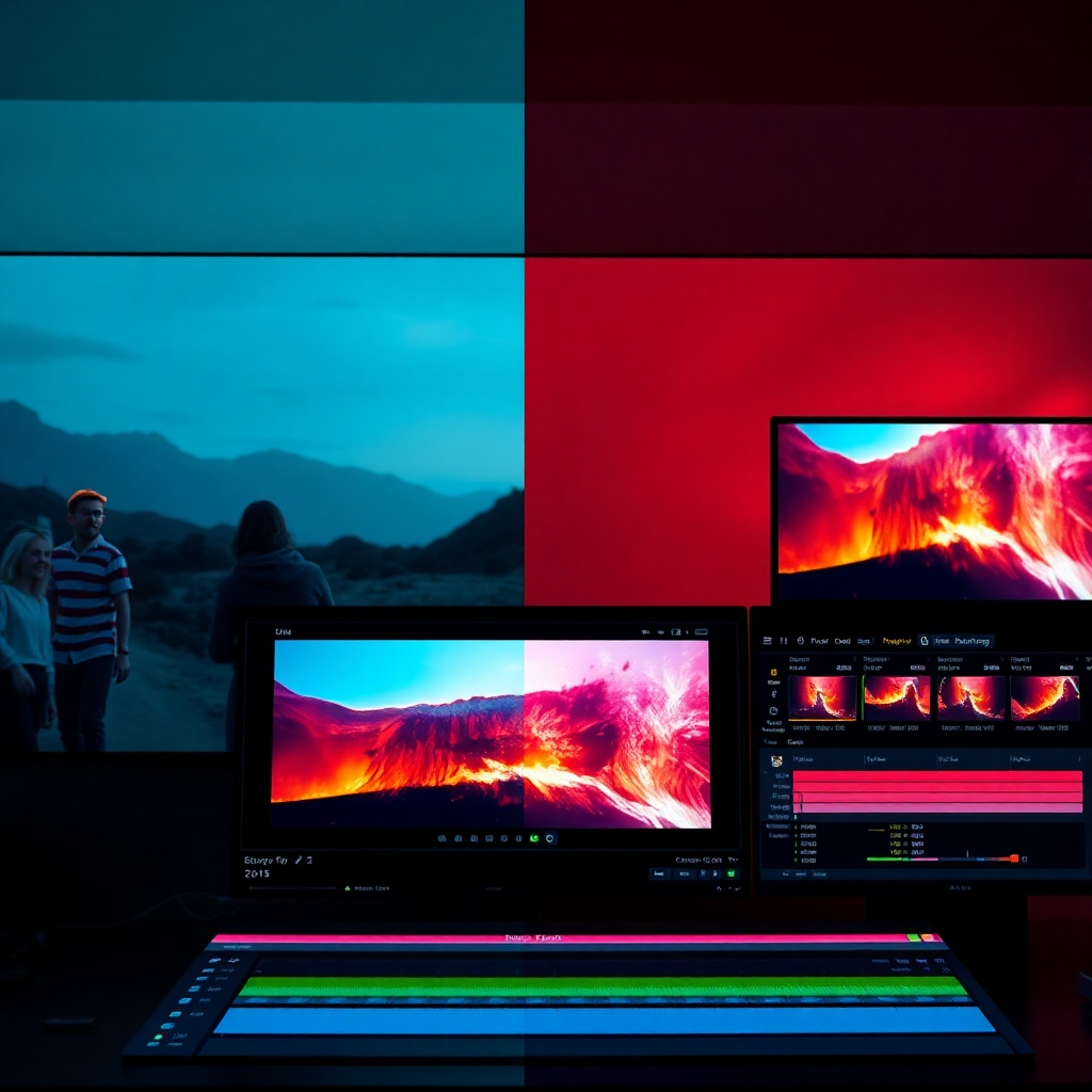 A photorealistic image showcasing a split-screen view. One side shows a before-and-after comparison of a video clip with color grading and visual effects applied. The other side shows the video editing software interface with various panels and tools actively being used to achieve these effects. The image should be vibrant and highly detailed.