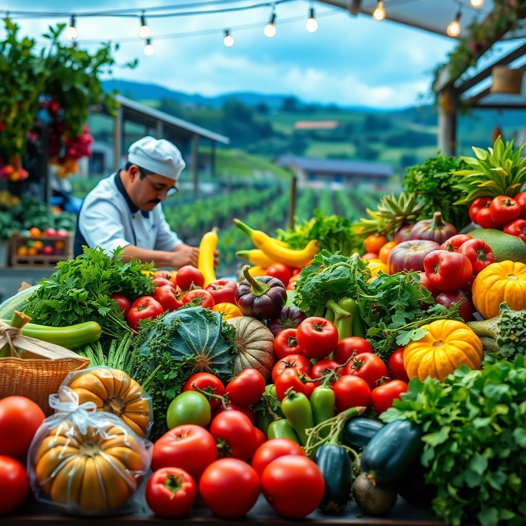 A photorealistic image showcasing a vibrant assortment of fresh, locally sourced fruits, vegetables, and herbs.  A chef is selecting ingredients, with a background depicting a picturesque local farm or market. The overall mood should emphasize freshness and quality.