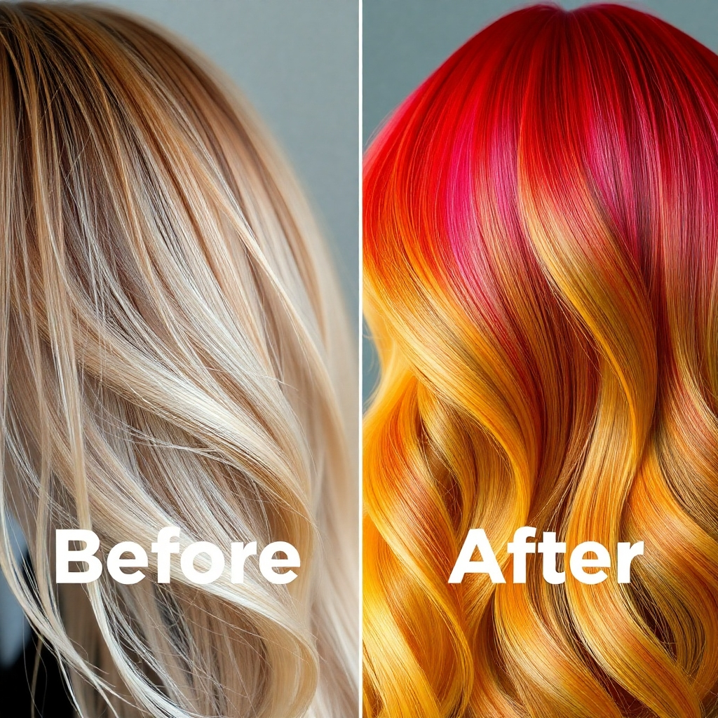 A photorealistic image showcasing a before-and-after of a hair color transformation.  The 'before' should show hair of a dull or faded color. The 'after' should depict vibrant, healthy-looking hair with a noticeable color change. The image should be split, showing both images side by side, highlighting the transformation. Use high-quality lighting and focus on showcasing the hair's shine and health.