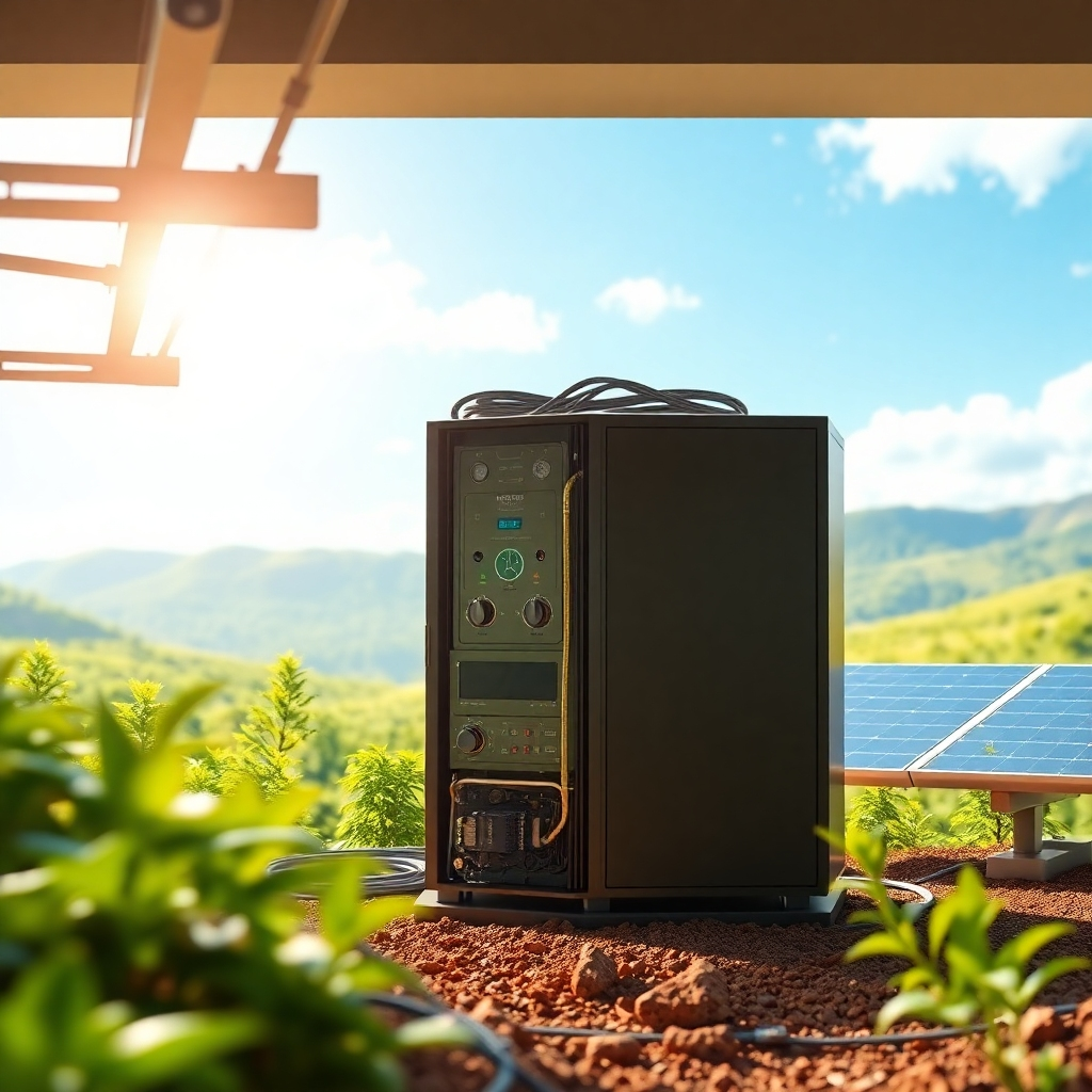 A photorealistic image showcasing a sustainable cryptocurrency mining operation, perhaps utilizing renewable energy sources like solar or hydroelectric power. The image should depict advanced, energy-efficient mining equipment operating smoothly within a clean, environmentally friendly setting.  The background could feature a lush natural landscape, highlighting the harmony between technology and nature. The overall visual should promote a positive association with sustainable crypto mining, contrasting with traditional, energy-intensive images.