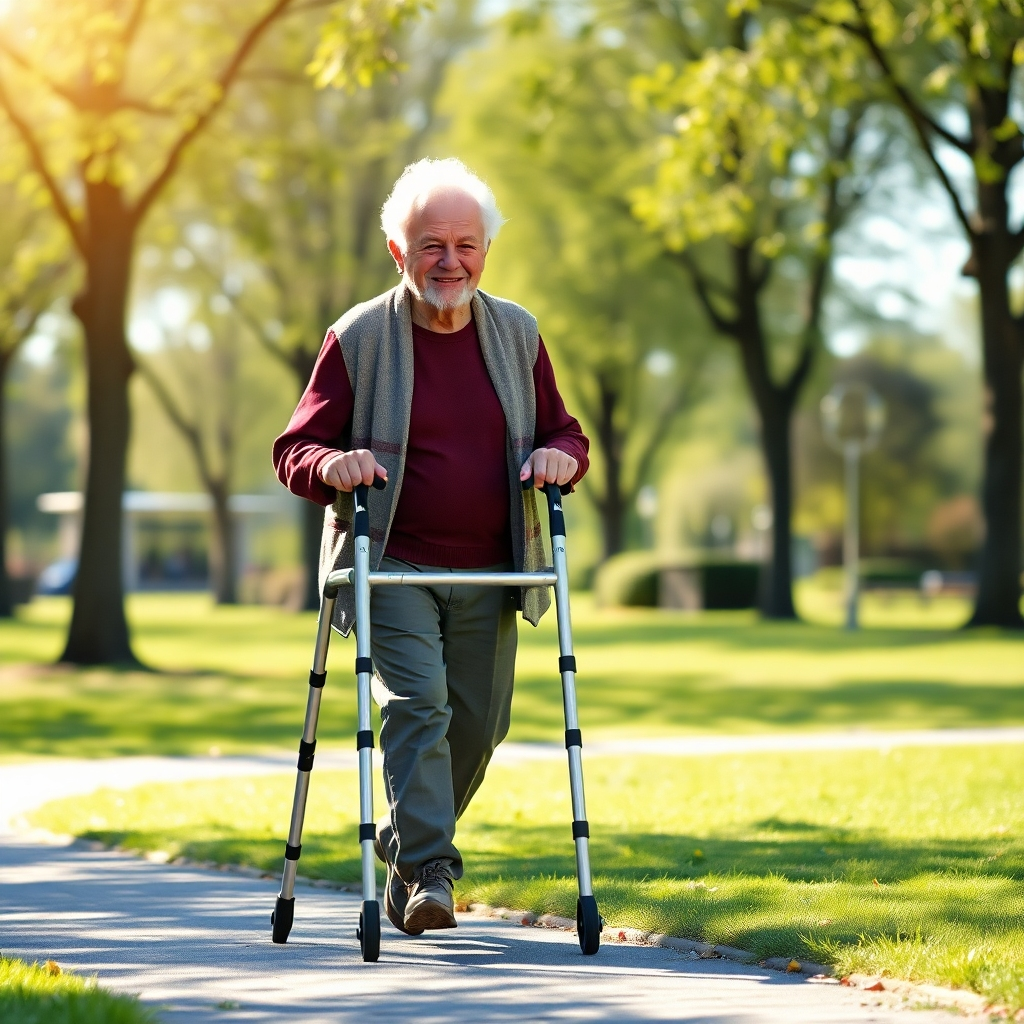 A photorealistic image showcasing an elderly person confidently walking with the aid of a walking frame in a park. The background should be a bright, sunny day in a beautiful park. The focus is on the person's improved mobility and the joy of movement. High detail, sharp focus, natural and realistic lighting and textures.
