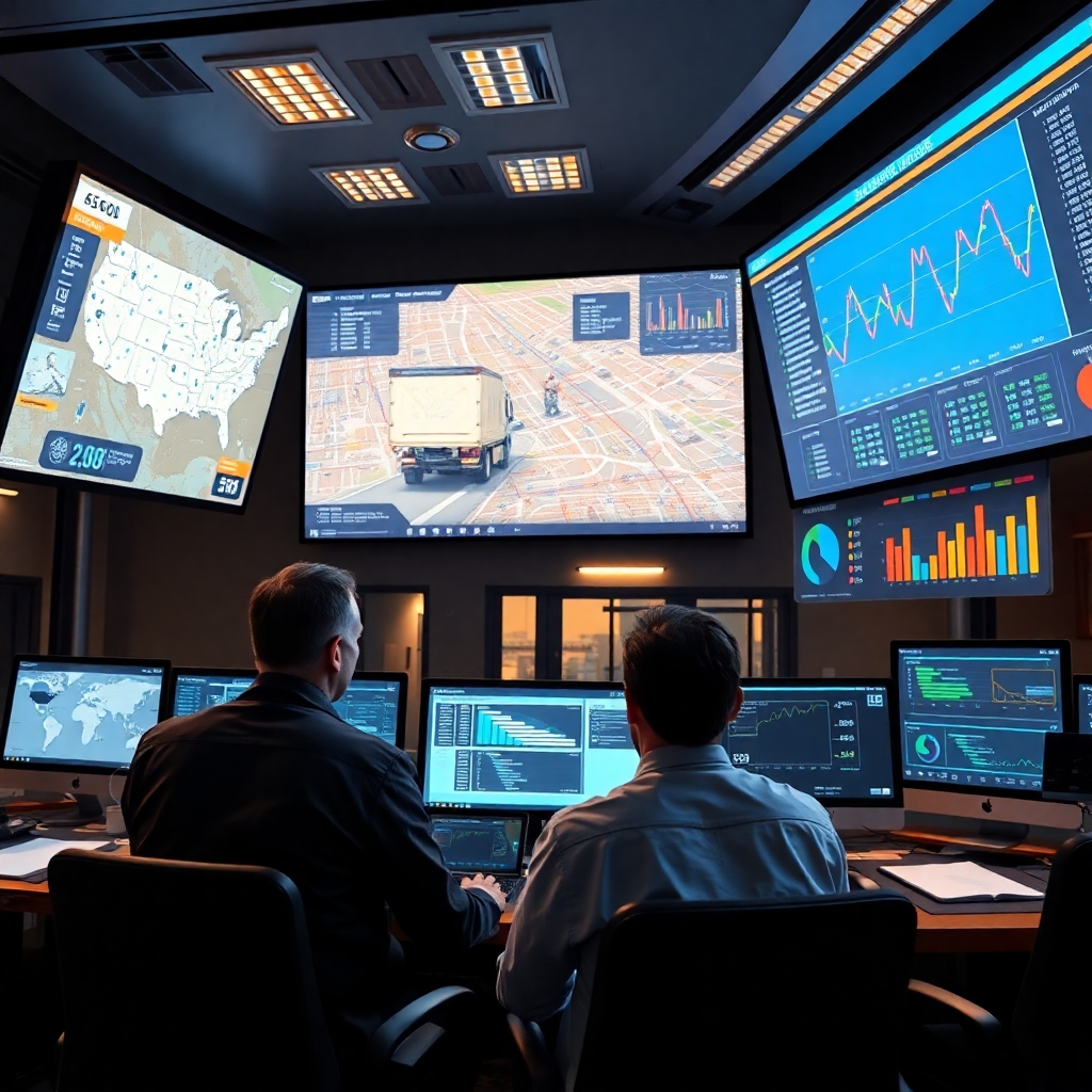A photorealistic image showing a logistics control center with large screens displaying real-time data on truck locations, routes, and delivery status.  The screen should show interactive maps, charts illustrating fuel efficiency, and predictive maintenance schedules. Highlight a team of professionals analyzing the data and making informed decisions.