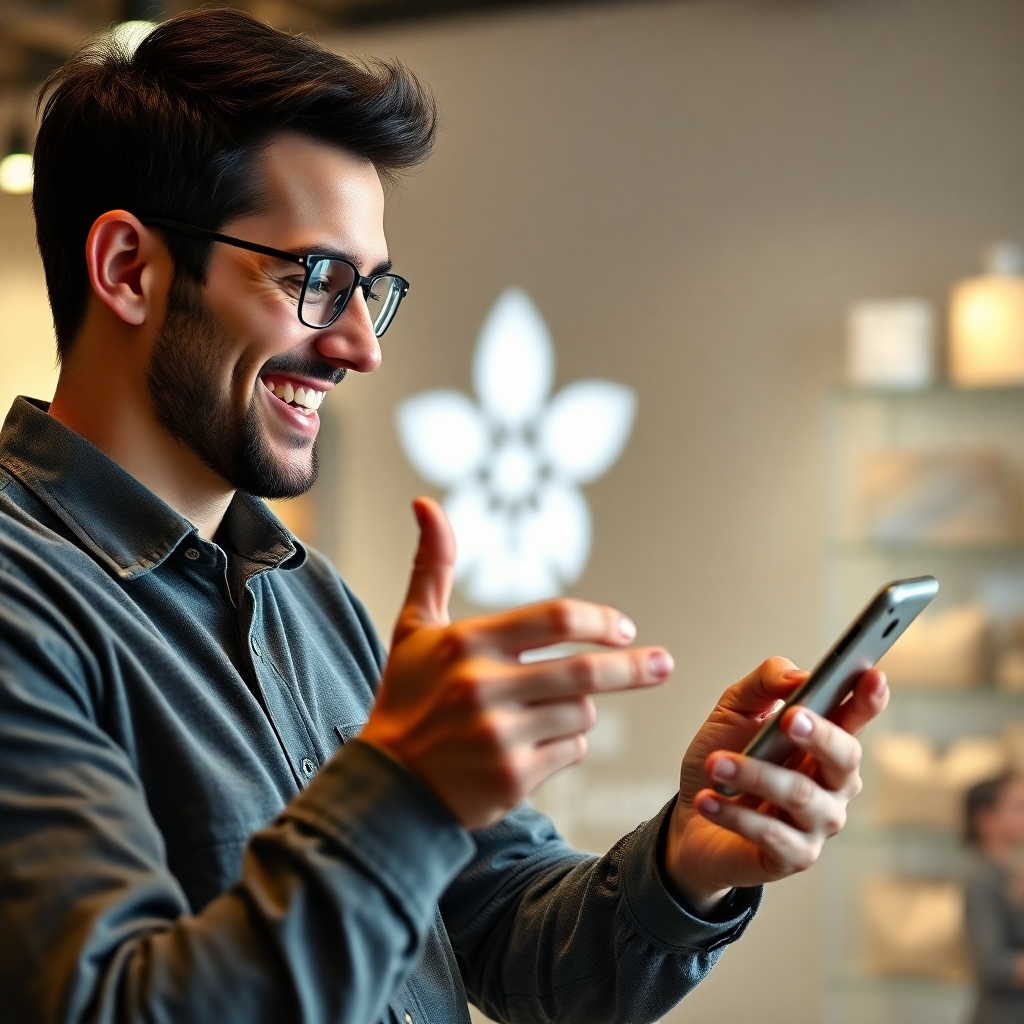 A photorealistic image showing a happy customer interacting seamlessly with a user-friendly mobile app, showcasing personalized recommendations and streamlined processes. The background should subtly include a company logo and visual elements suggesting a strong brand identity. The overall mood should be positive and friendly, conveying ease of use and customer delight.