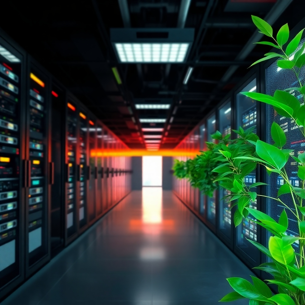 A photorealistic image showing a split screen. One side depicts a dark, energy-consuming server room, filled with noisy, outdated equipment. The other side shows a bright, modern server room with sleek, energy-efficient servers and lush green plants.  The overall contrast should highlight the sustainability difference. Soft, natural lighting with a slightly green tint in the sustainable side should emphasize the eco-friendly approach.
