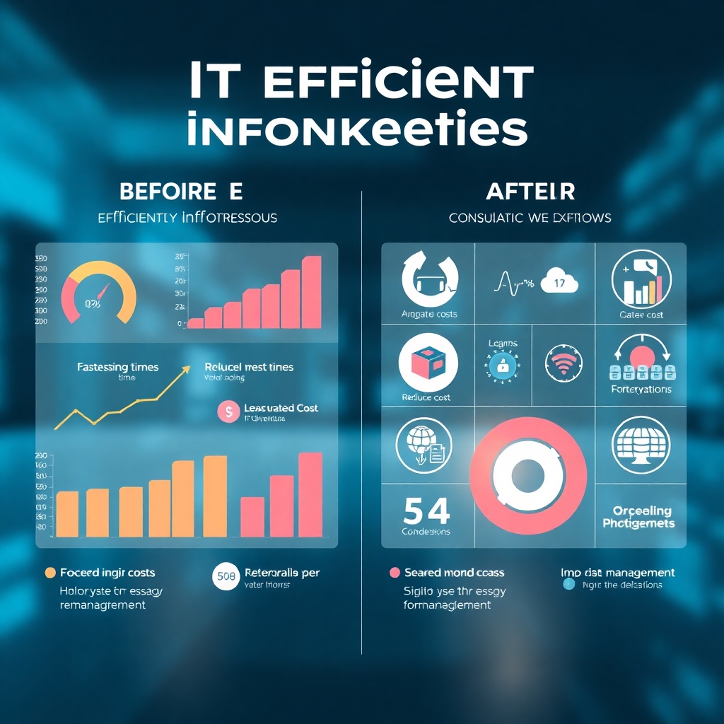 A photorealistic image showing a dynamic infographic displaying efficiency improvements before and after IT consulting intervention.  The image should include graphs, charts, and icons representing faster processing times, reduced costs, automated workflows, and improved data management.  The style should be clean, modern, and visually engaging.