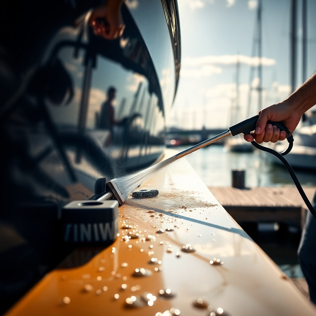 A photorealistic image showing a person meticulously cleaning a boat hull with a pressure washer, followed by scrubbing with brushes and cleaning solutions.  The background should show a sunny dockside setting. The image should emphasize the thoroughness of the cleaning process, with visible dirt and grime being removed. High-quality, detailed textures are crucial, especially for the boat hull and the cleaning tools.
