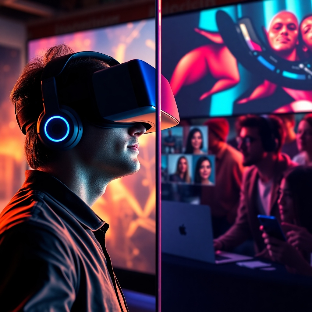 A photorealistic image showing a split screen: one side depicts a person actively participating in a virtual reality experience wearing a VR headset, fully immersed in a fantastical world; the other side shows several people engaging in an online chat during a live stream, actively commenting and interacting with the streamer. Both sides should be equally vivid and engaging.