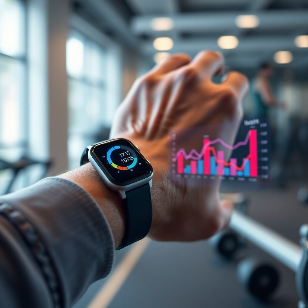 A photorealistic image showing a close-up of a fitness tracker on a wrist and a digital interface displaying charts and graphs that demonstrate progress in key fitness metrics like weight, muscle mass, or endurance.  The background should subtly suggest a modern gym or home workout setting. The image should have a clean and high-tech aesthetic.