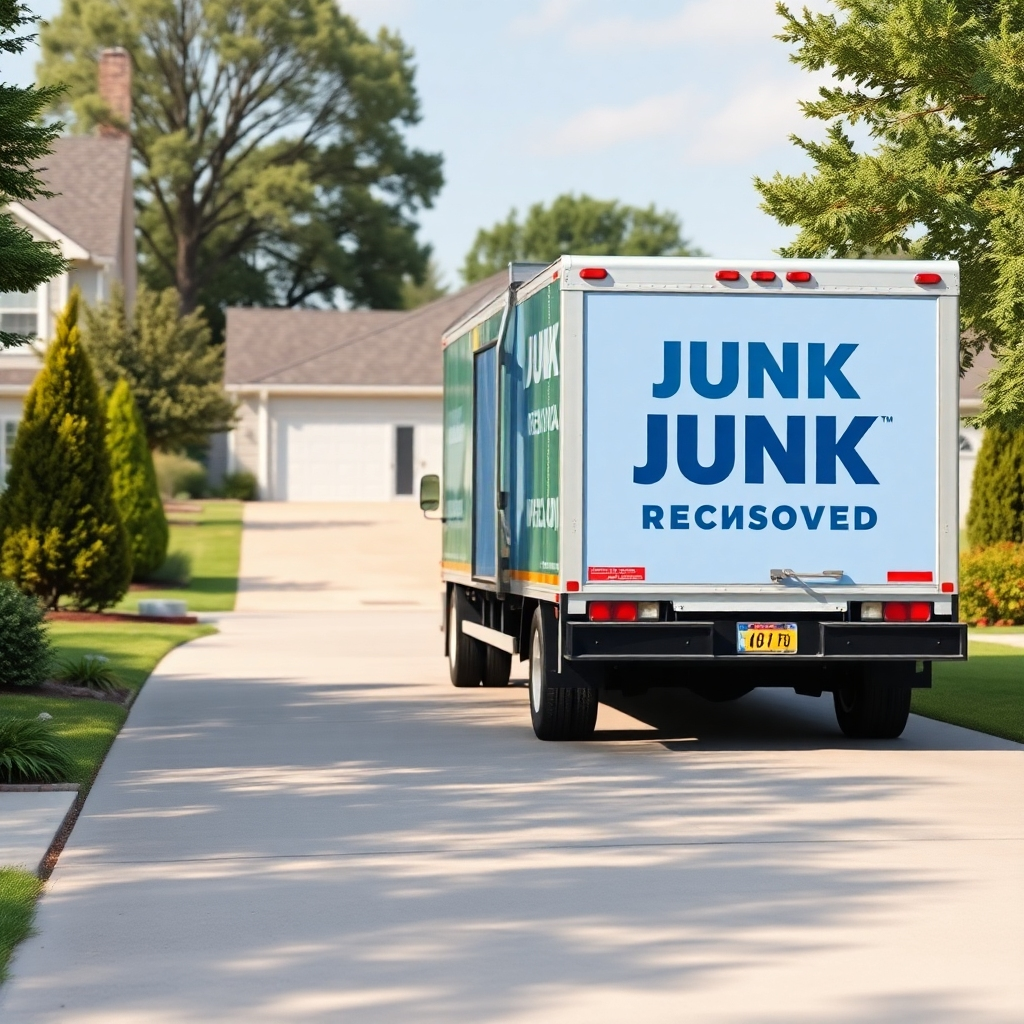 A photorealistic image showing a happy homeowner smiling and waving goodbye as a junk removal truck pulls away from their driveway. The driveway is clean and clear of junk. The scene is bright and cheerful, conveying a sense of ease and relief. The truck should be clearly branded, adding to the professional feel.  The image should focus on customer satisfaction and the ease of the process.