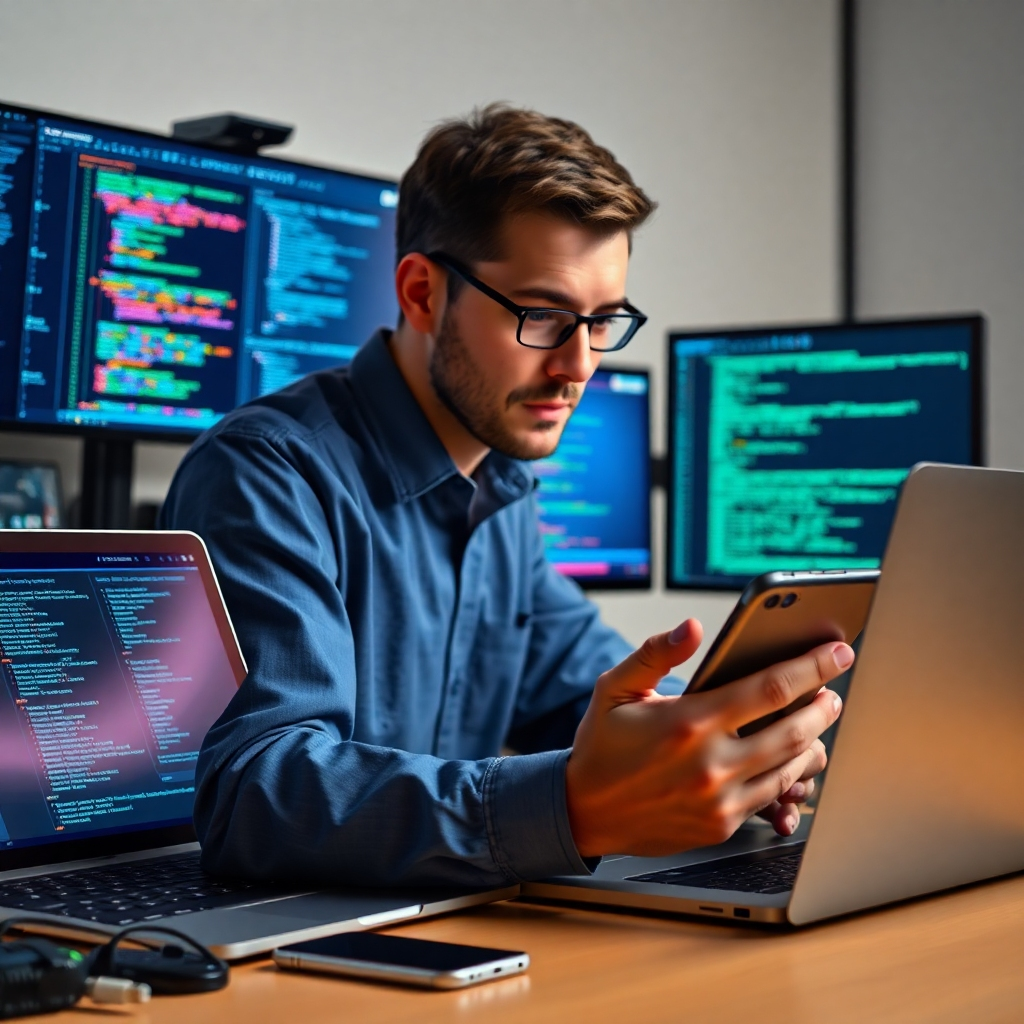A photorealistic image showing a software QA professional meticulously testing a software application on various devices (laptop, tablet, smartphone).  The background should feature monitors displaying various test results and code snippets.  The image should convey a sense of precision and attention to detail. The overall lighting should be bright, professional, and emphasize the seriousness and focus required for software testing.