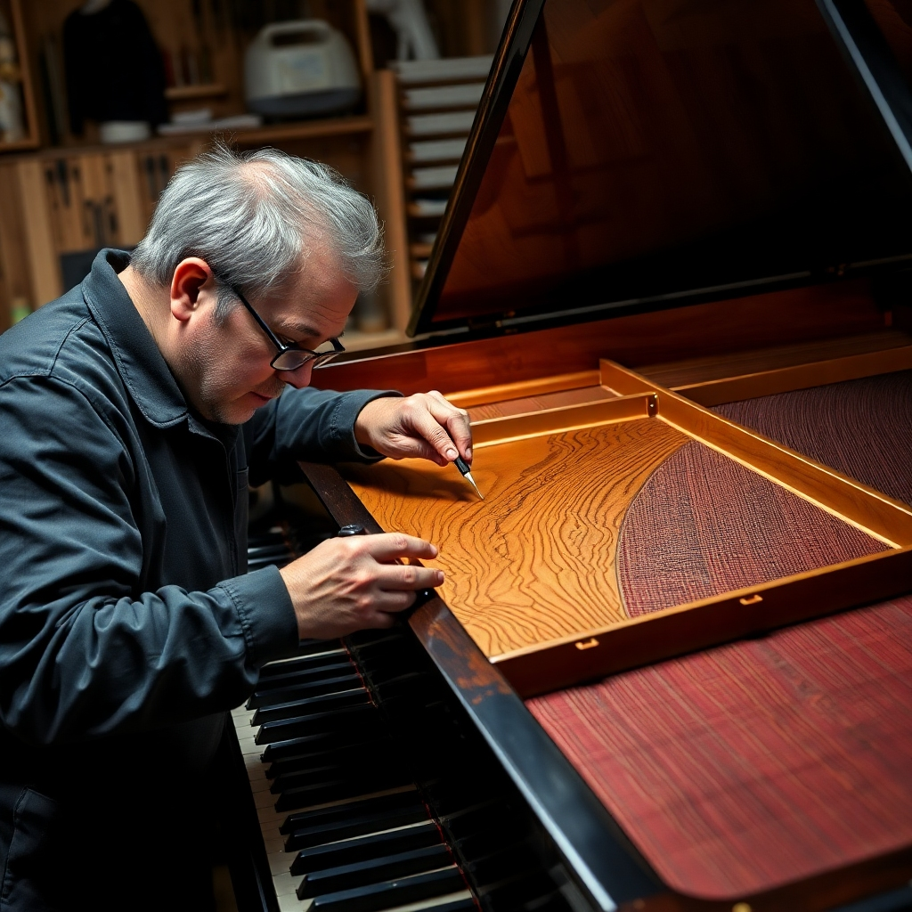 A photorealistic image showing a skilled technician carefully repairing a cracked soundboard on a grand piano. The image should depict the intricate details of the repair process with high-quality tools, showing precision and care. The lighting should showcase the texture of the wood and the delicate work being done. The background could be a well-organized workshop.