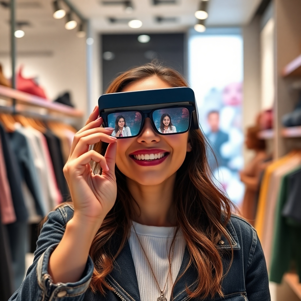 A photorealistic image showing a customer using augmented reality glasses in a retail store to virtually try on clothes and accessories. The AR overlays are realistic and seamlessly integrated with the real-world environment. The customer is smiling and clearly engaged, highlighting the fun and engaging nature of the experience. The store's design is modern and playful.