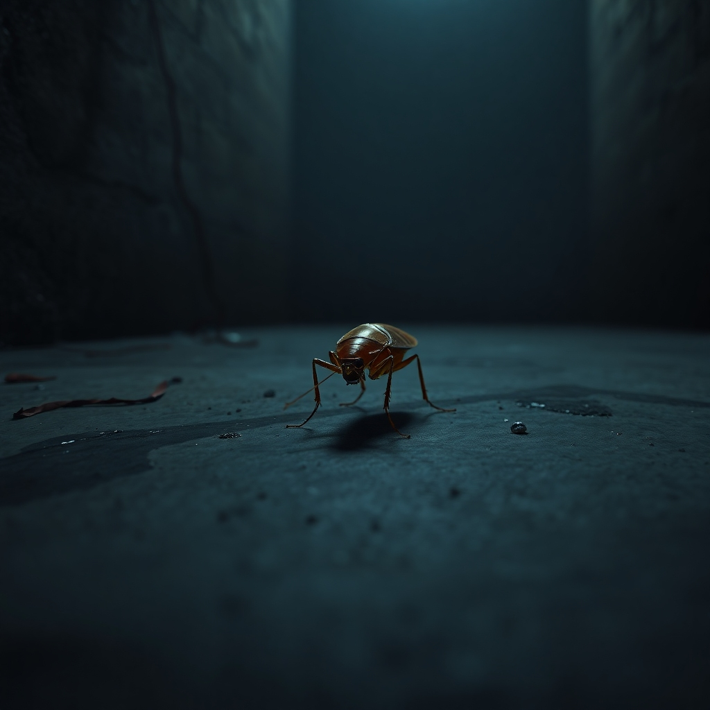 A photorealistic image showing a cockroach scurrying across a dark, damp basement floor.  The floor should be textured concrete, with visible water stains and debris. The cockroach should be in sharp focus, with its legs and antennae clearly visible.  The image should be dimly lit, creating a slightly creepy but informative atmosphere. The overall mood should emphasize the unsanitary conditions that attract cockroaches.