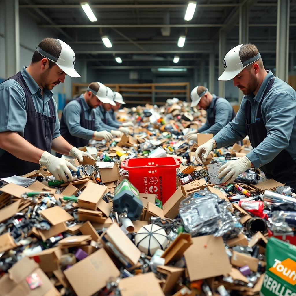A photorealistic image showing a team of professionals carefully sorting through junk, separating recyclable materials like cardboard and metal from non-recyclables.  The image should highlight a clear and organized sorting process, emphasizing responsible waste management.  A clean, professional backdrop should be used.