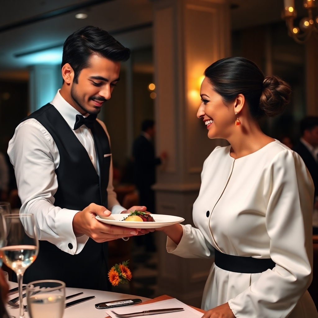 A photorealistic image showing a waiter expertly serving a beautifully plated dish to a guest at an upscale event. The focus should be on the elegant presentation of the food, the waiter's professional demeanor, and the guest's expression of delight. The background should hint at a sophisticated and stylish event atmosphere, with soft lighting and elegant decor. The image should exude luxury and impeccable service.