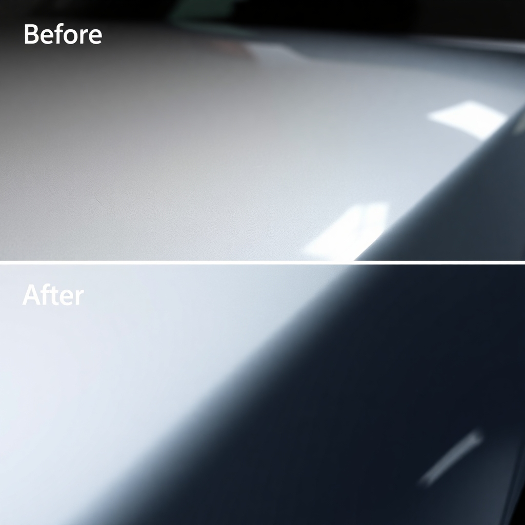A photorealistic image showing a close-up of a car's paint surface before and after paint correction. The before image should show noticeable swirl marks and scratches. The after image should reveal a flawless, glossy finish reflecting light perfectly. The lighting should be professional studio lighting, with high-contrast and clarity.