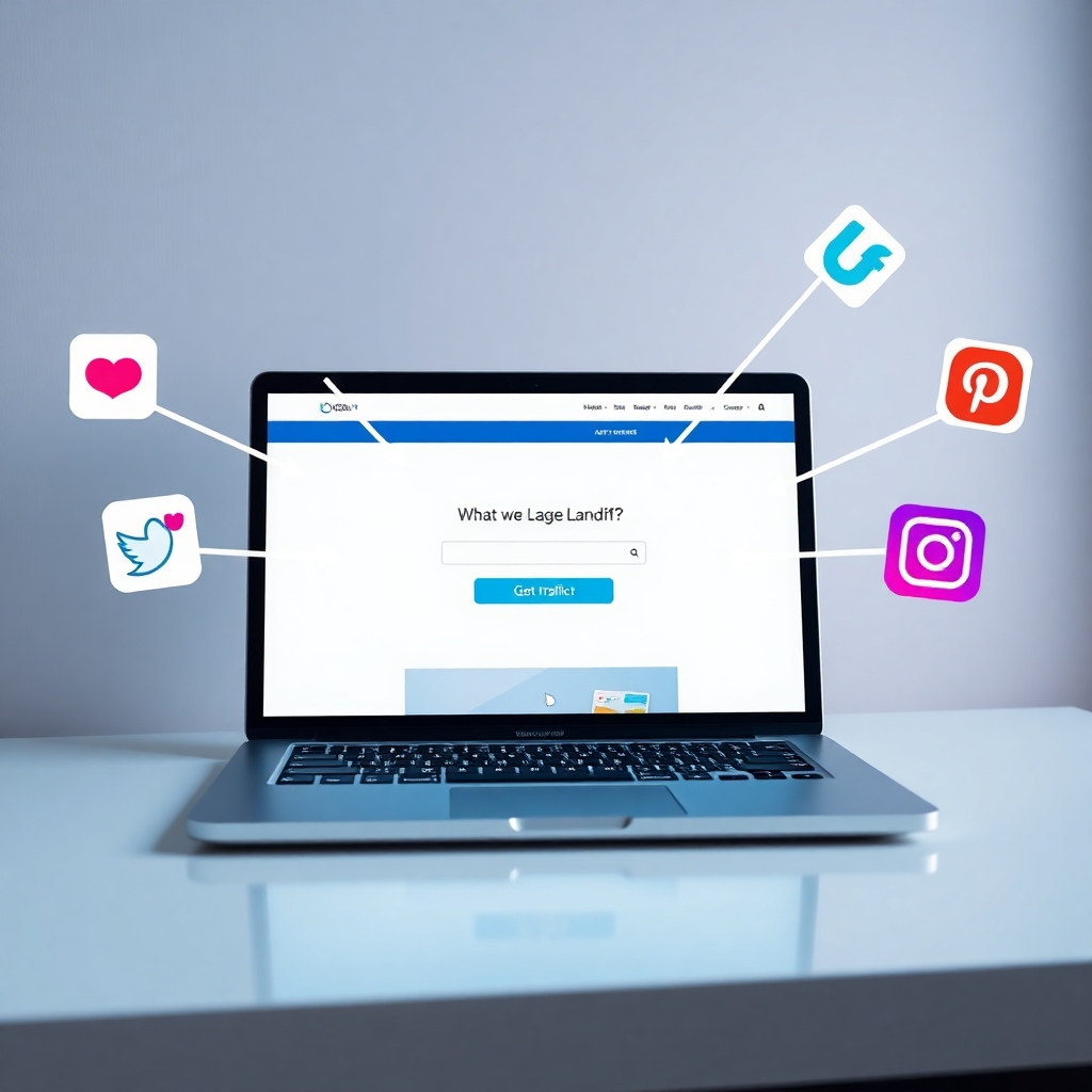 A photorealistic image showing a laptop screen displaying a website landing page with a clear call to action button.  Arrows should point from various social media platform logos to the laptop, symbolizing the redirection of traffic. The background should subtly incorporate the brand's color scheme and visual elements.