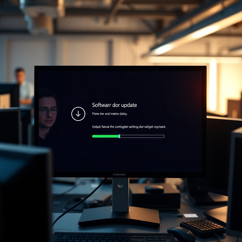 A photorealistic image showing a computer screen displaying a software update notification, with progress bars and a visual representation of the download and installation process.  The background should show a technician working on other computers, highlighting the importance of regular maintenance.