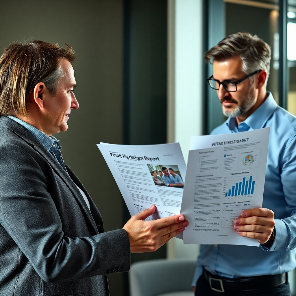A photorealistic image showing a private investigator presenting a detailed report to a client in a well-lit, professional setting.  The report should be visually prominent, with charts or images suggesting thorough research.  The client's expression should convey trust and relief, while the investigator maintains a calm and professional demeanor. The overall image should exude professionalism and trustworthiness.