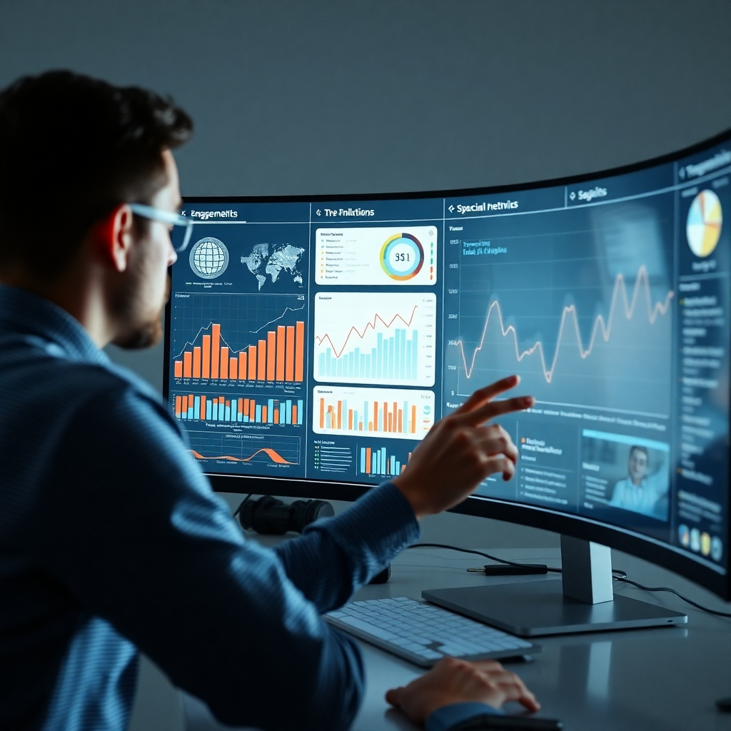 A photorealistic image showing a person looking at detailed graphs and charts on a large monitor. The charts should visually represent social media engagement metrics (likes, shares, comments, followers).  The background should be a minimalist, technology-focused workspace, emphasizing data analysis and decision-making.
