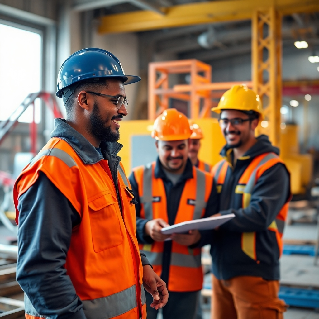 A photorealistic image showing a diverse team of construction workers collaborating effectively on a project.  The image should highlight positive interactions, advanced training equipment visible in the background, and a sense of teamwork and camaraderie. The scene should be brightly lit and convey a highly productive and collaborative work environment, demonstrating skilled laborers working together smoothly.