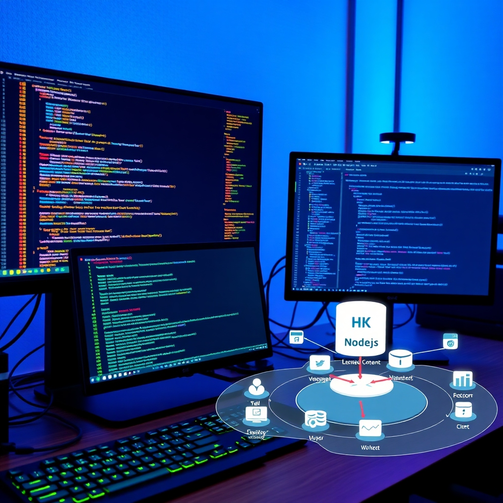 A photorealistic image showing a developer's workstation with multiple screens displaying code in Node.js, a terminal showing server logs, a browser rendering a fully loaded webpage, and a visual diagram highlighting the flow of data from the server to the client. The colors should be vibrant, and the overall scene should convey efficiency and advanced techniques.