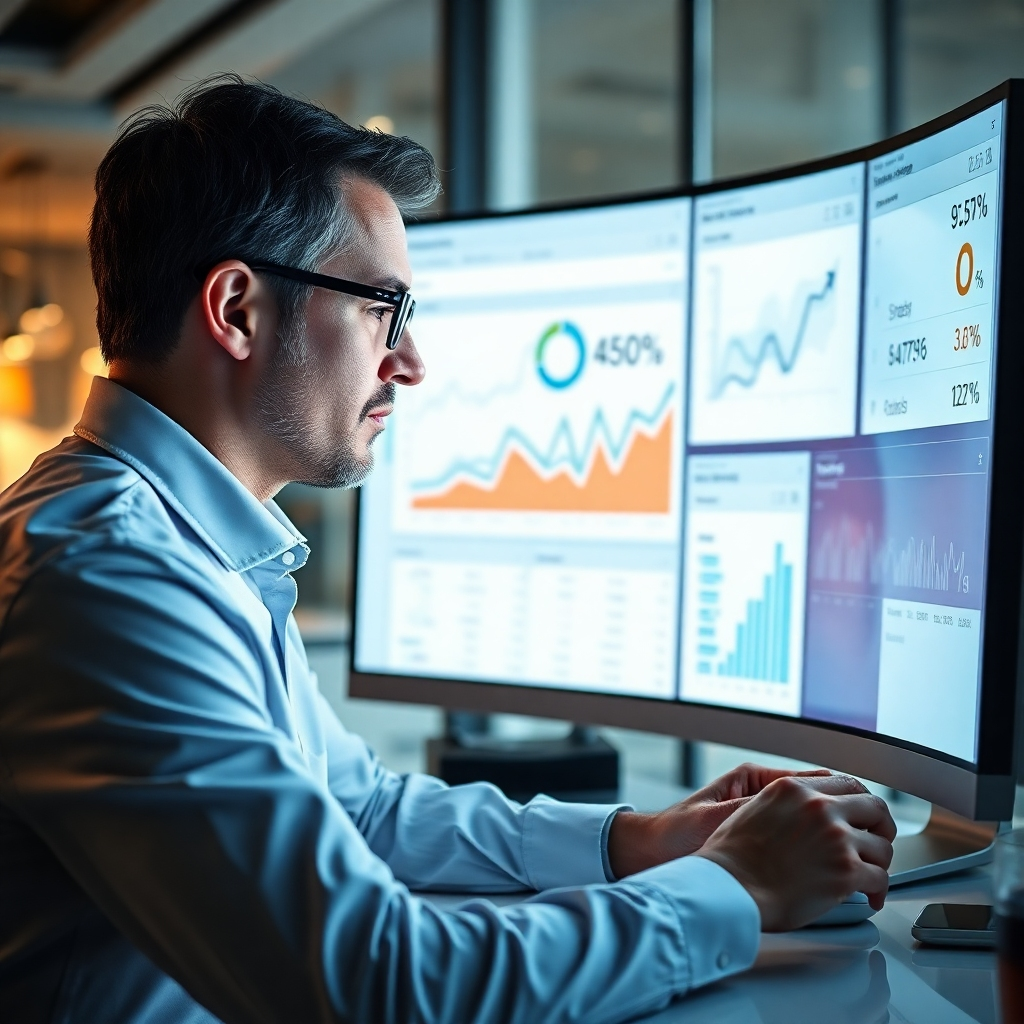 A photorealistic image showing a professional using sophisticated software to manage and monitor a paid advertising campaign across multiple digital platforms.  The screen should display key performance indicators (KPIs) like click-through rates and conversions.  The overall scene should portray a feeling of strategic planning and data-driven decision-making.