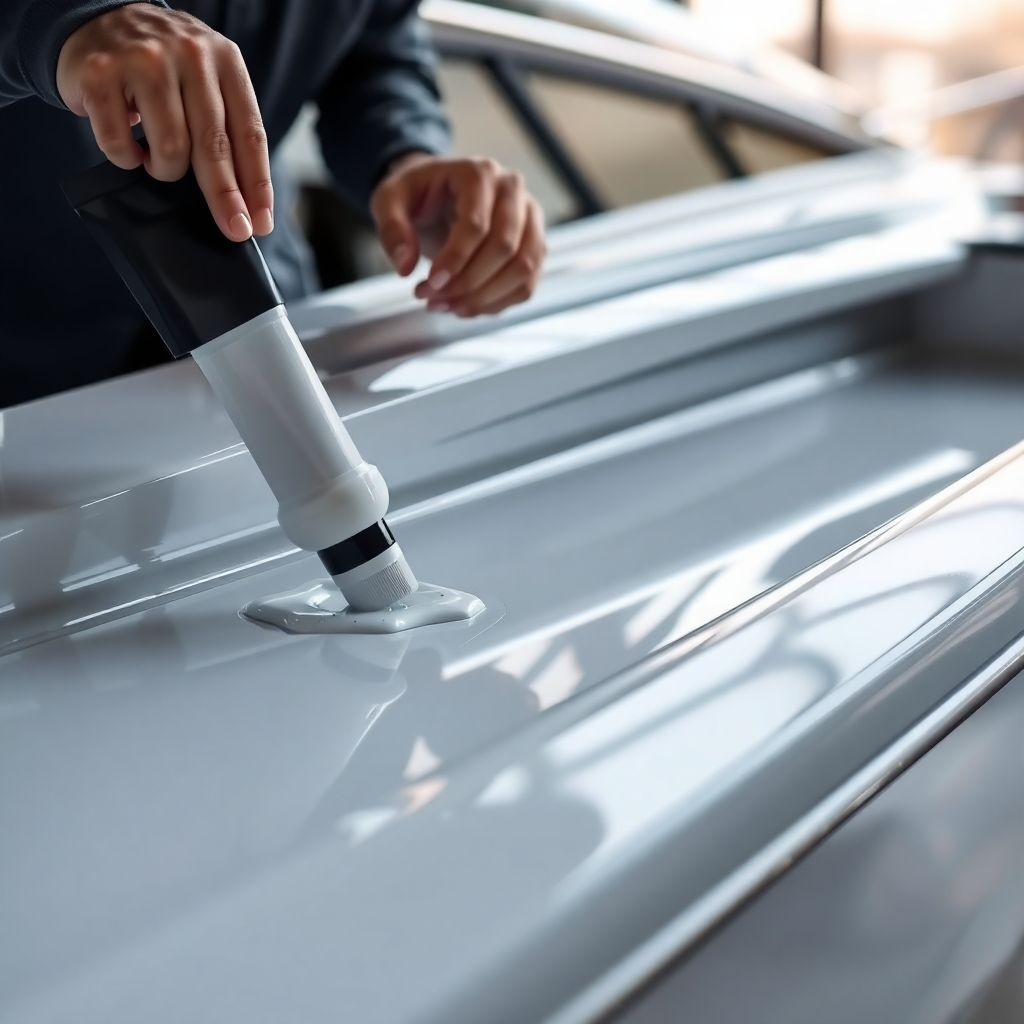 A photorealistic image showing a person carefully applying a protective sealant to a recently detailed boat.  The boat should be a sleek, modern design, with the sealant being applied evenly to the hull. The image should be professionally lit to showcase the glossy finish and the even application of the sealant. The background should be blurred, drawing focus to the process of applying sealant and the quality of the sealant. The image should convey a sense of care and attention to detail.
