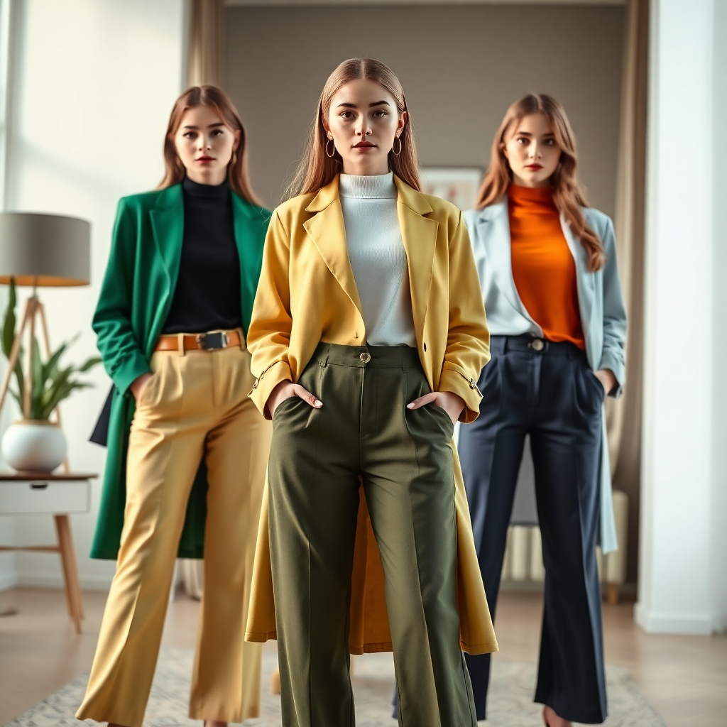 A photorealistic image showing a woman in three different outfits, each showcasing a different successful color palette. One outfit uses analogous colors, one complementary, and one triadic. The setting should be a modern, stylish apartment, with natural lighting and a chic background. High-quality image with focus on colors and textures of the clothes.