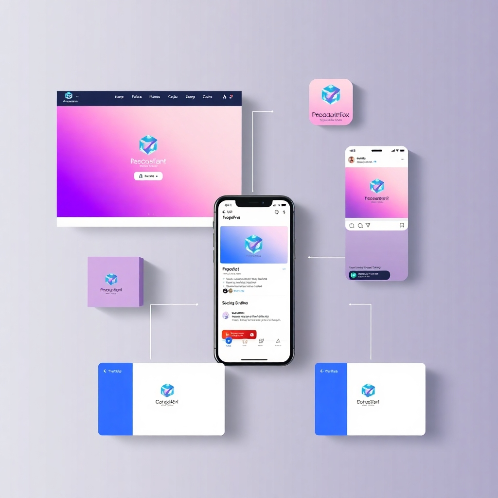 A photorealistic image showing various touchpoints of a consistent brand identity: a website homepage, a social media post, a product packaging, and a business card.  All elements should share the same logo, color palette, and typography. The image should highlight how a consistent brand presence builds recognition and trust. The style should be clean, modern, and professional.