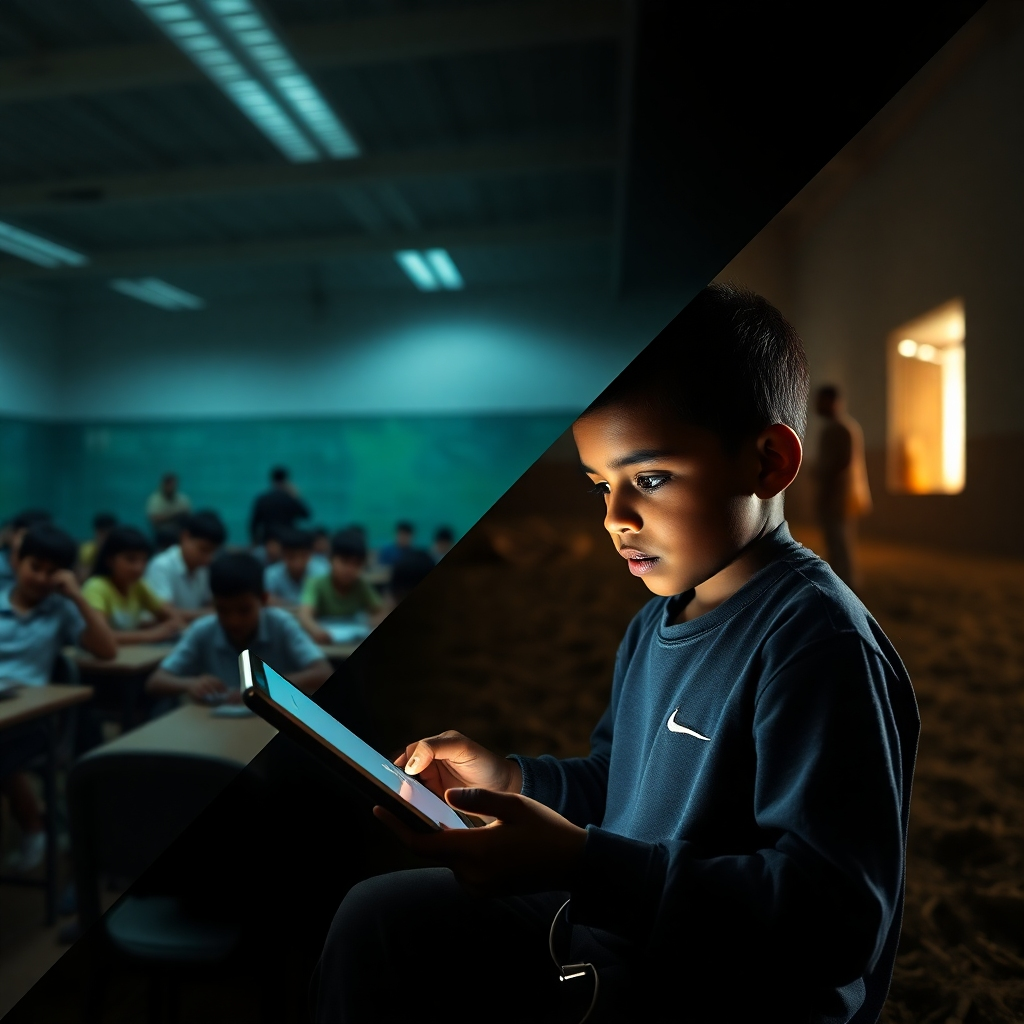 A photorealistic image showing a stark contrast: a brightly lit classroom filled with students using modern technology, juxtaposed with a dimly lit rural scene where a child struggles to access internet on a low-quality device. The image needs to highlight the disparity in access to digital learning resources.