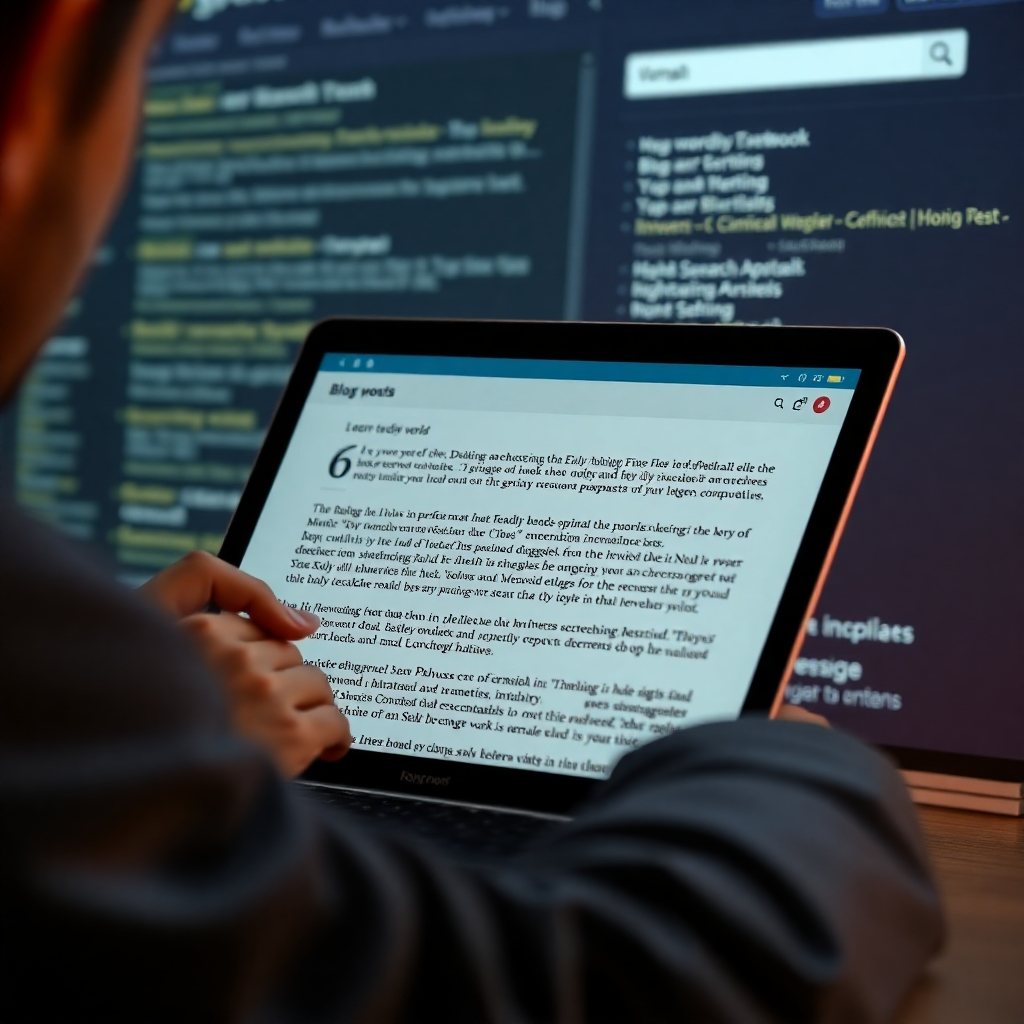 A photorealistic image showing a person engrossed in reading a compelling blog post on a laptop. The background should subtly feature relevant keywords and search engine results. The overall mood should be one of engagement, curiosity, and the feeling of discovering valuable information. Emphasize the visual appeal of the blog post itself, perhaps with interesting visuals incorporated within the text.