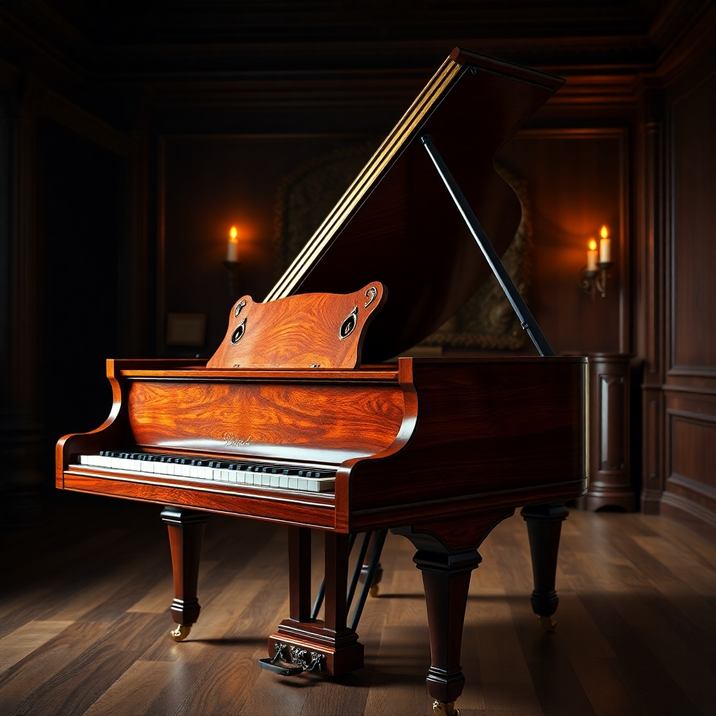 A photorealistic image showing a beautifully restored antique grand piano. The image should focus on the polished wood of the case and the vibrant resonance of the soundboard. The background should be a dimly lit room with warm lighting to accentuate the richness of the wood. High detail, 8k resolution, realistic lighting, and sharp focus.