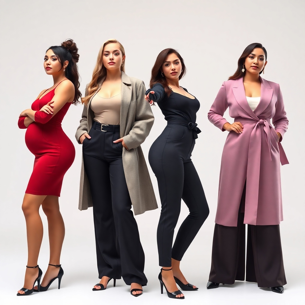A photorealistic image showing four women with different body shapes (pear, hourglass, rectangle, apple) each wearing outfits that perfectly flatter their figures.  The background should be a clean, minimalist studio setting. Each woman should have a confident and stylish pose. High-end fashion styles, detailed clothing textures, and perfect lighting are required. The image should convey the idea of body positivity and self-acceptance.
