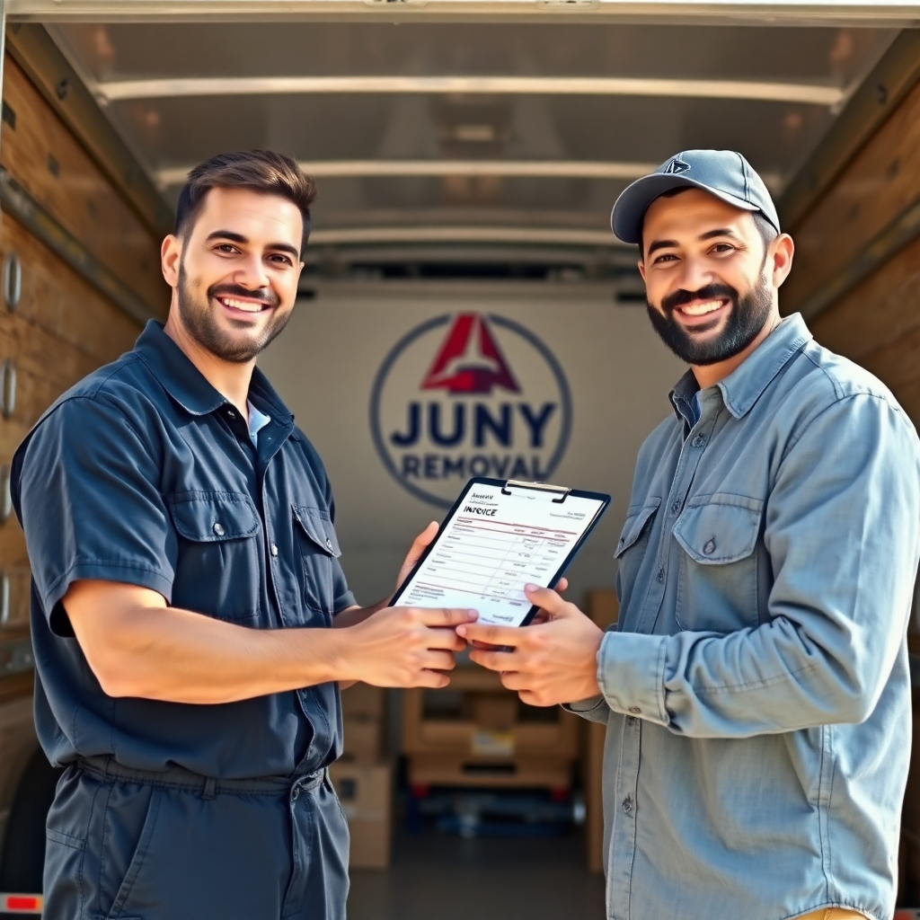 A photorealistic image showing a friendly junk removal representative handing a smiling client a clearly written invoice on a clipboard.  The background should be a clean and organized junk removal truck with the company logo clearly visible.  The overall mood of the image should be friendly, professional, and trustworthy, and the focus should be on the transparency and clarity of the transaction.