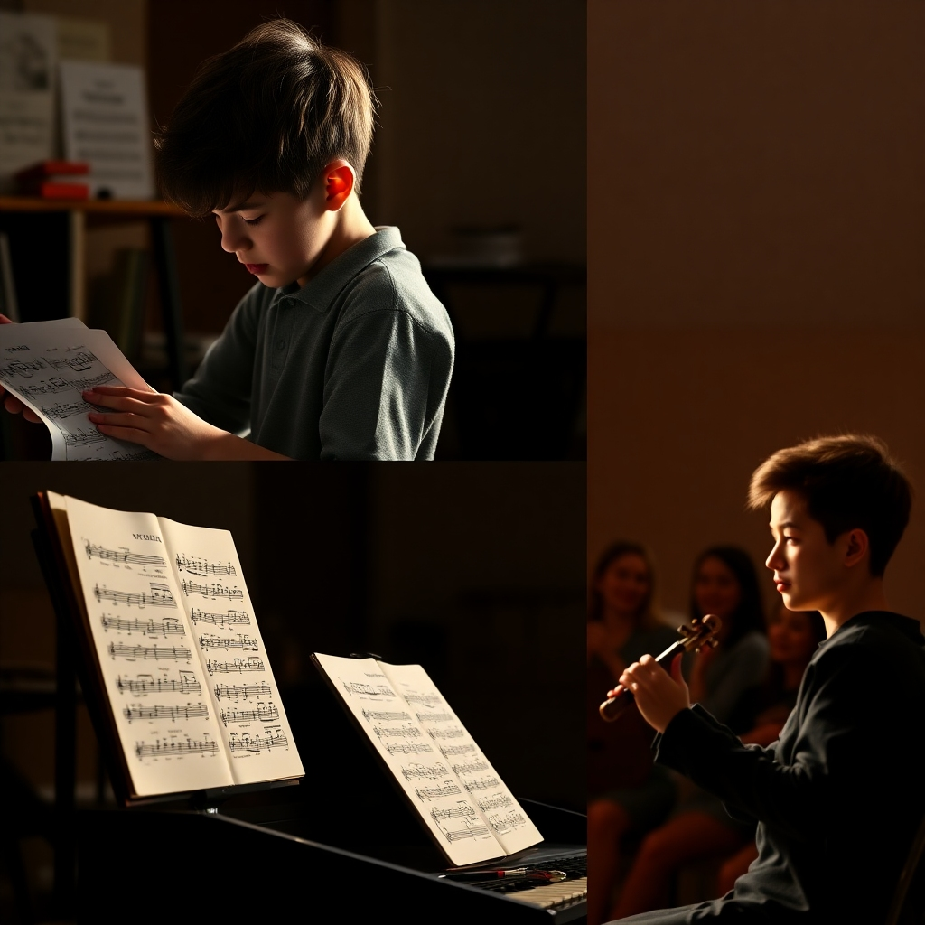 A photorealistic image showing a progression of learning. Three separate panels: 1) A student struggling with a piece of sheet music, 2) the same student making noticeable progress, with a feeling of accomplishment, 3) the student confidently performing the same piece in front of an audience. Each panel should display a sense of emotional growth and achievement.