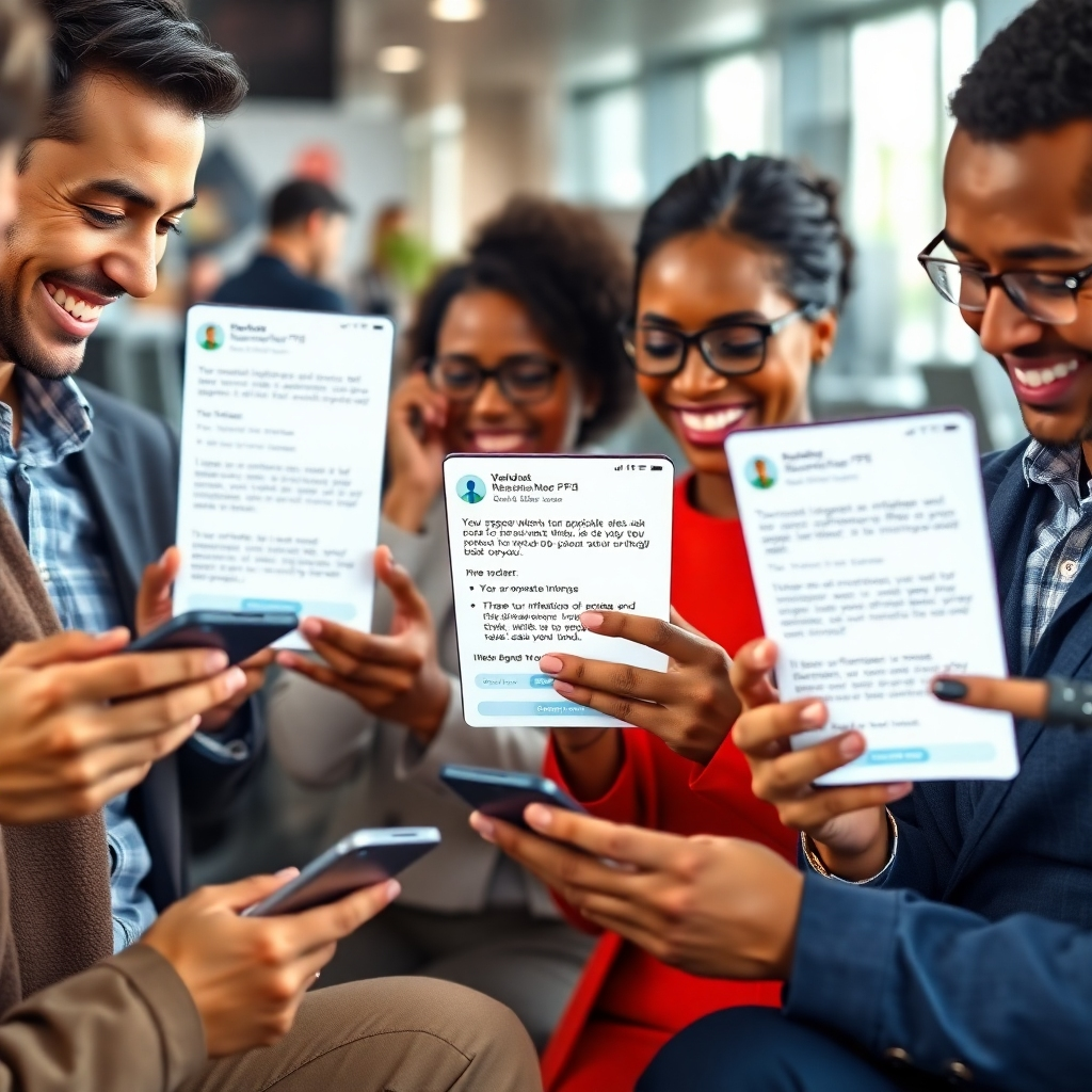 A photorealistic image showing a diverse group of happy candidates receiving emails and text messages on their smartphones and laptops. The messages show updates on their application status, interview schedules, and offer details. The overall mood is positive and reassuring. The background is a montage of professional and friendly office scenes.  High resolution, detailed, sharp focus.