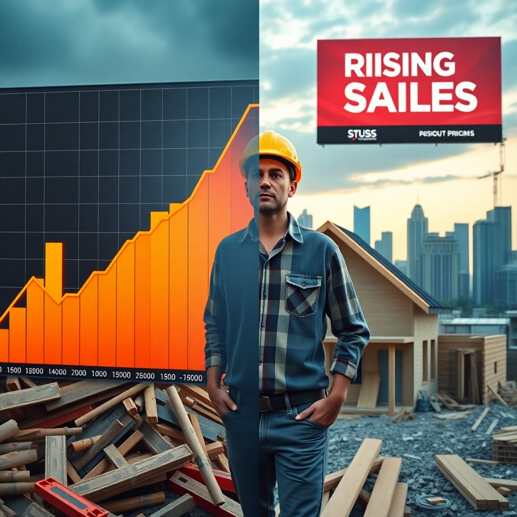 A photorealistic image showing a split screen: one side shows a graph illustrating rising inflation, the other shows a construction worker looking concerned amidst a pile of expensive building materials in front of a half-built house. The background could subtly show a city skyline with rising house prices displayed on billboards