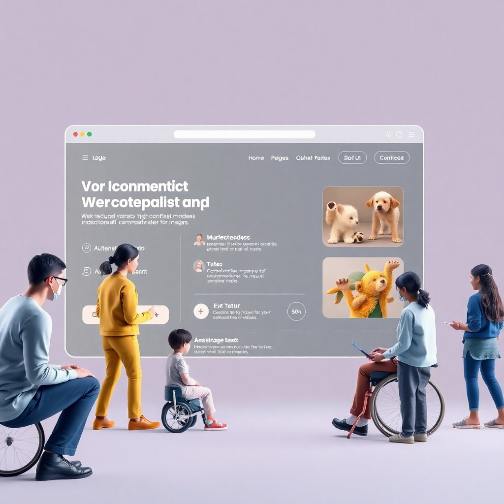 A photorealistic image showing a website or app interface designed with accessibility in mind.  Include elements like adjustable font sizes, high contrast modes, screen reader compatibility indicators, and alternative text for images.  Show diverse users interacting with the interface, including users with visible and invisible disabilities. The background should be a muted, calming color palette, focusing attention on the UI elements promoting inclusivity.