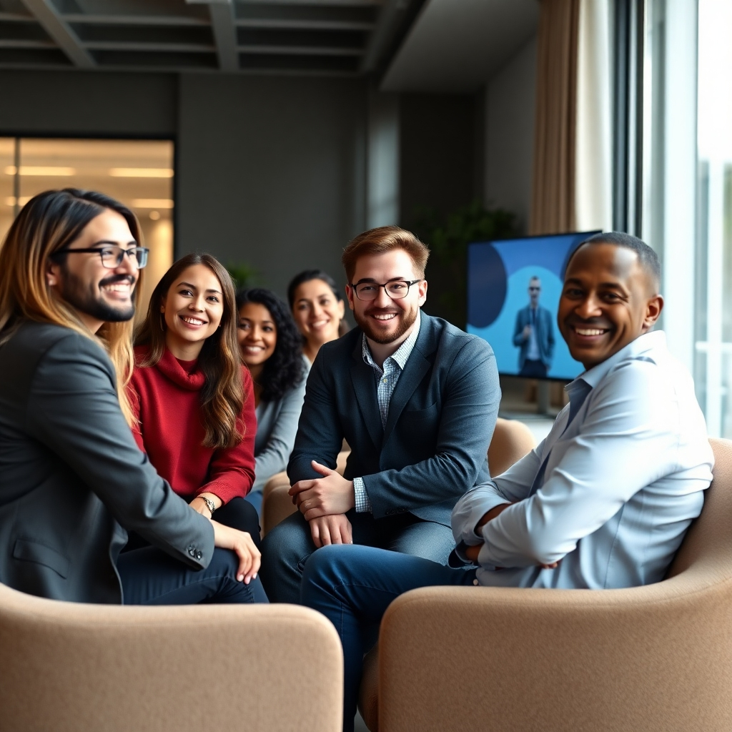 A photorealistic image showing a diverse group of smiling candidates engaging in a friendly and professional interview setting. The image should capture a welcoming atmosphere and showcase a comfortable, modern office space. Subtle elements suggesting technology integration (e.g., a screen displaying interview questions) can be included. The overall mood should be positive and inviting.