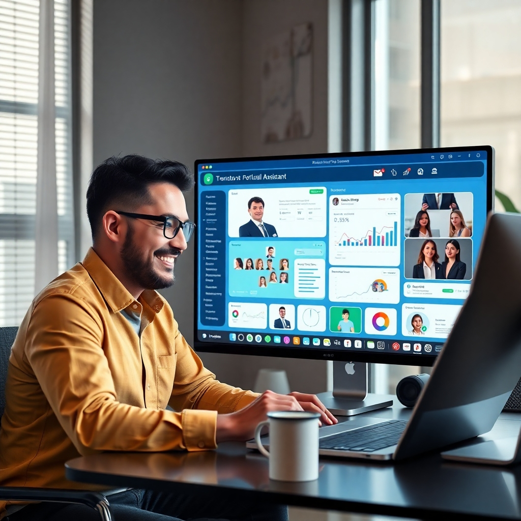 A photorealistic image showing a business owner collaborating virtually with a virtual assistant via video conferencing; the screen displays various project management tools, marketing analytics, and design software, highlighting specialized skills. The image needs to be vibrant and showcase a collaborative and efficient workflow.