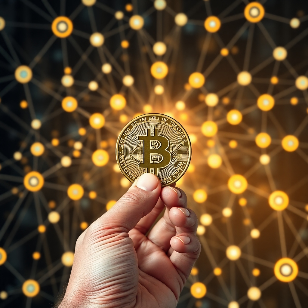 A photorealistic image showing a complex network of interconnected nodes forming a blockchain, with each node representing a secure computer.  In the foreground, a hand holds a physical Bitcoin, symbolizing decentralization and security. The background should have a futuristic, technological feel, emphasizing the security and complexity of the technology.