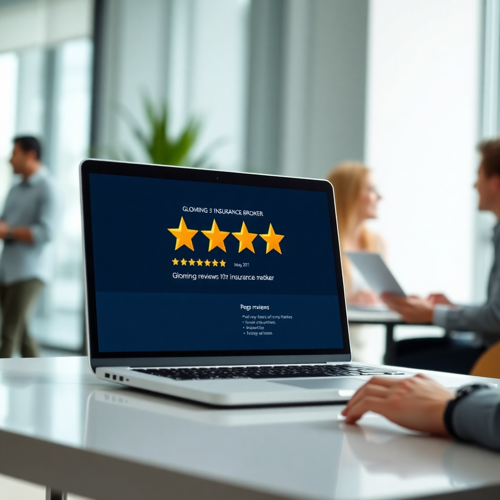 A photorealistic image showing a laptop displaying a website with glowing 5-star reviews of an insurance broker.  In the background, blurred, should be an office setting with happy clients interacting with the broker. The overall feeling should be of trust and positive experience.