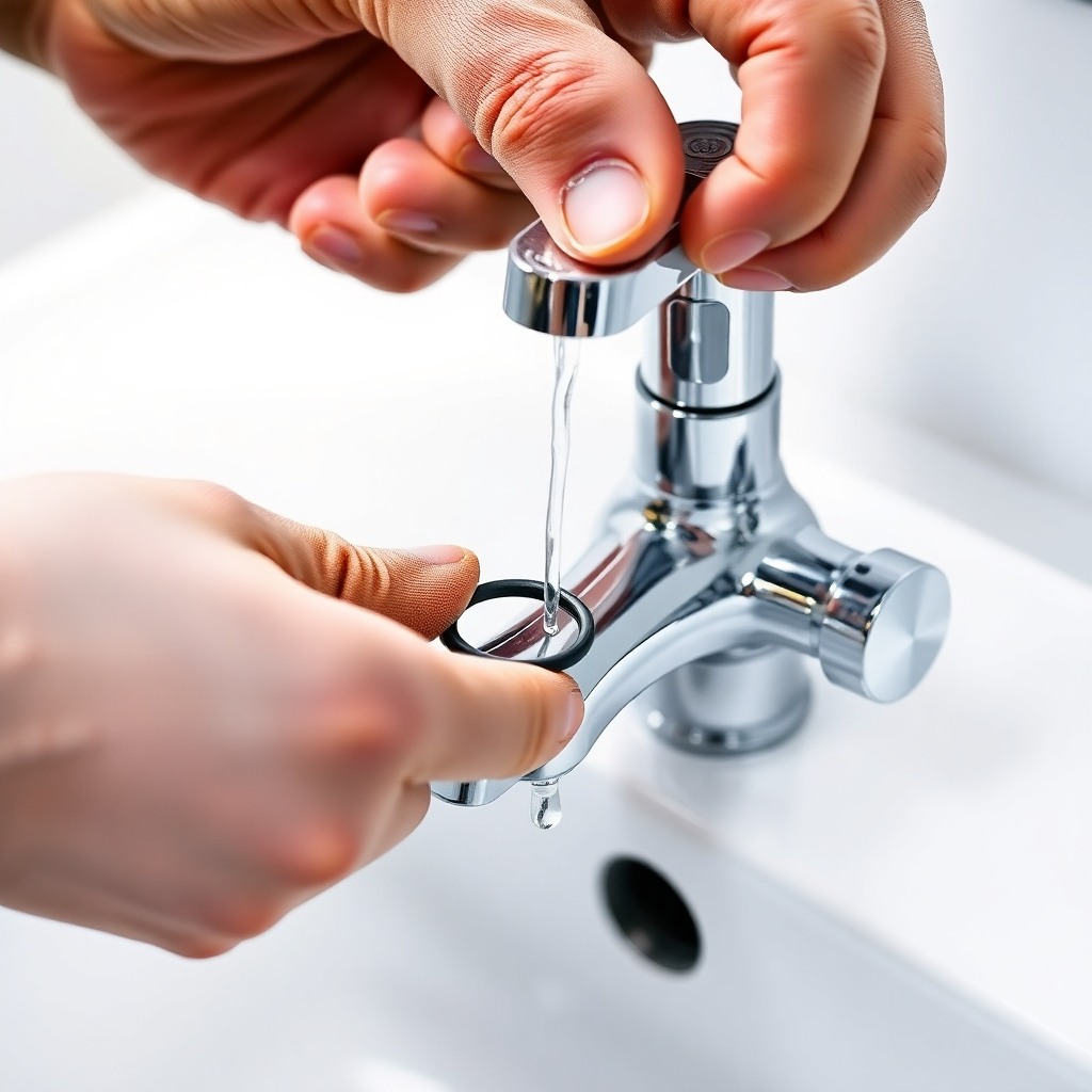 A photorealistic image showing a person's hands skillfully replacing a worn-out O-ring in a dripping faucet. The image should be well-lit and sharply focused, showcasing the details of the process. The faucet should be a modern chrome design, and the background should be a clean white bathroom sink.  The person's hands should be clean and wearing work gloves.