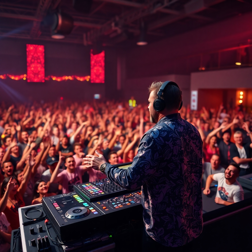 A photorealistic image showing a DJ at a high-energy event with a large, enthusiastic crowd. The DJ is fully immersed in their performance, engaging with the audience and reacting to their response. The image needs to convey the dynamic interaction between the DJ and the crowd, highlighting the infectious energy of the moment