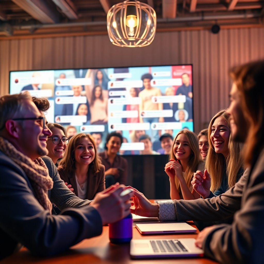 A photorealistic image showing a friendly and approachable influencer interacting with their online community through a live stream. The scene should be warm and inviting, showing genuine connections between the influencer and their enthusiastic followers. The background should feature positive and supportive comments appearing in real-time.