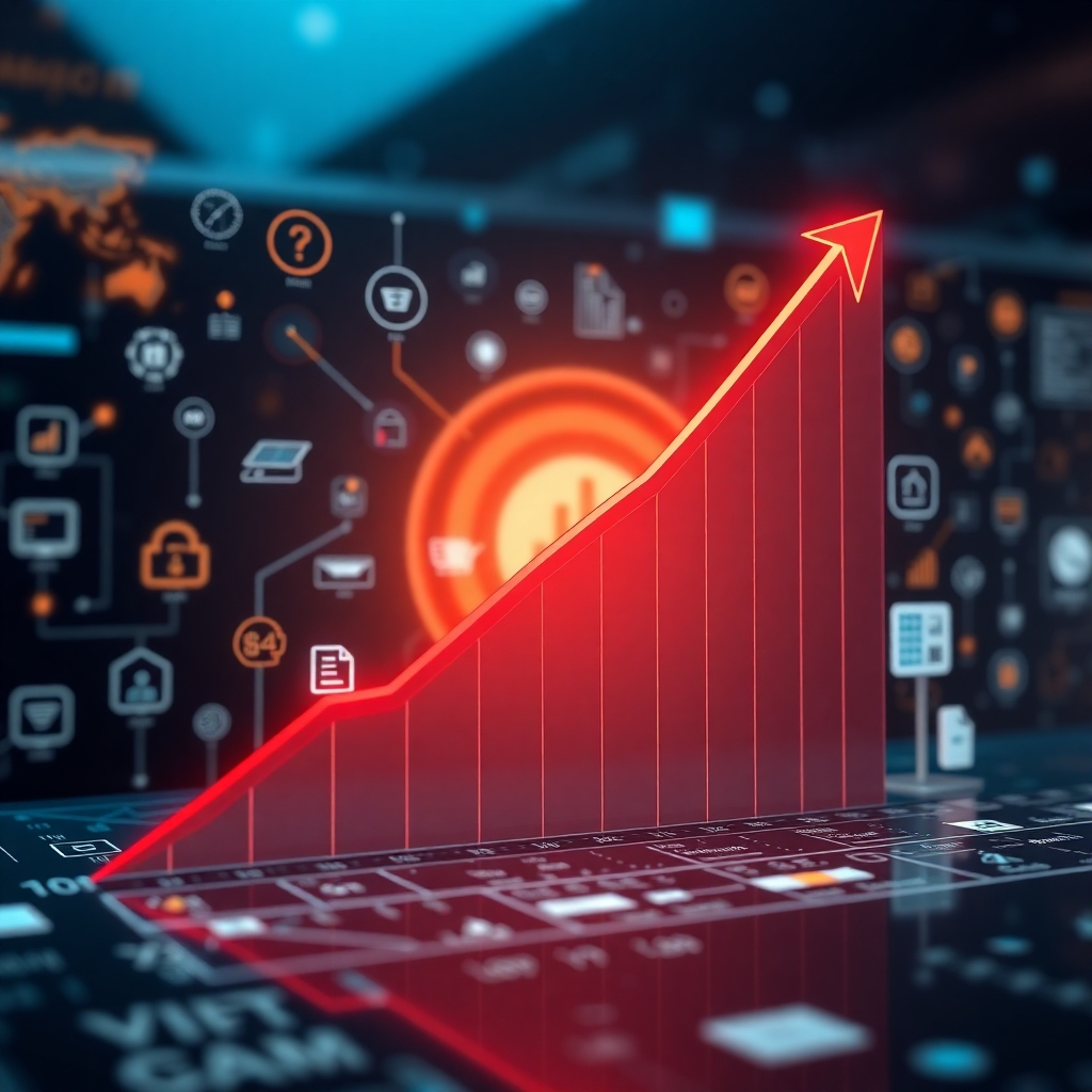 A photorealistic image showing a graph illustrating a steady upward trend of business growth alongside a downward trend of IT costs. The background should feature diverse IT solutions represented by icons, suggesting scalability and cost-effectiveness.