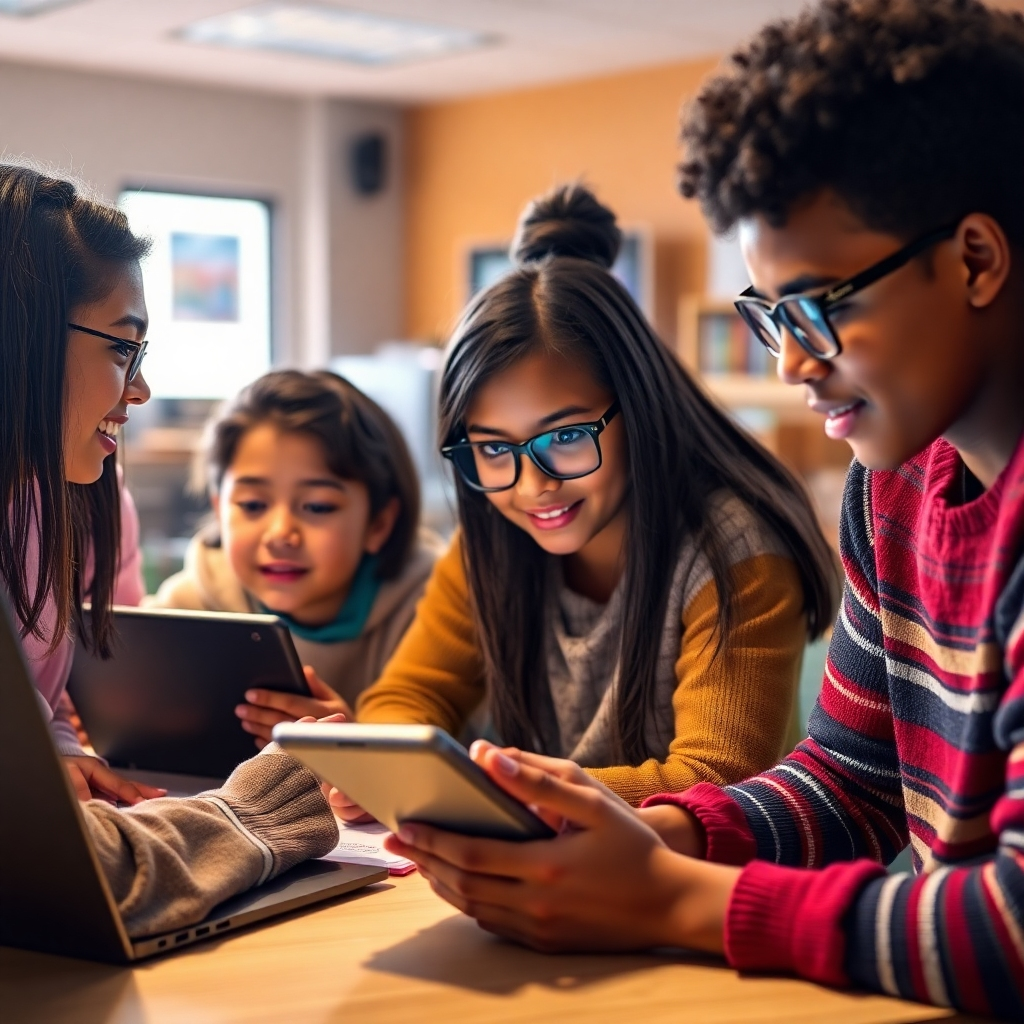 A photorealistic image showing diverse students from different backgrounds and abilities collaborating on a project using digital tools; one student uses screen-reading software, another uses a tablet with adaptive learning software, and others use laptops; the scene should convey collaboration and support in an inclusive and vibrant digital learning environment.